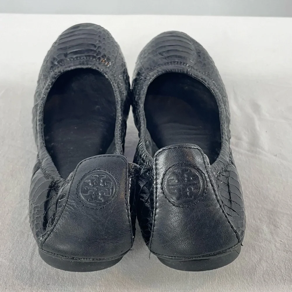 Tory Burch Snakeskin Embossed Leather Ballet Slipper Flat in Black Size‎ 7